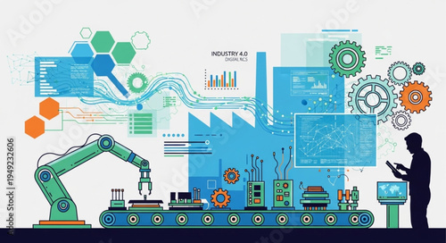 Automated factory production line with robotic arm and digital interface.