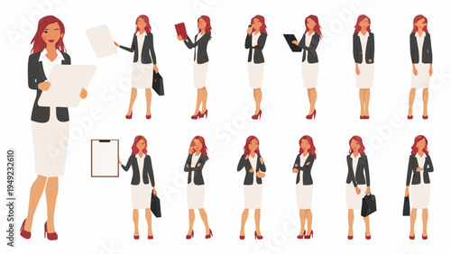 Diverse businesswoman poses a collection of vector illustrations depicting professional women