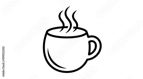 Minimalist black line art illustration of a steaming hot beverage cup isolated on a white background, ideal for cafe logo design, restaurant menu branding and coffee break advertising