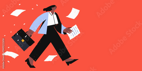 A businesswoman walks confidently with papers falling around her