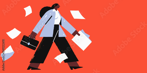 A businesswoman walks forward amidst falling white papers on a red background