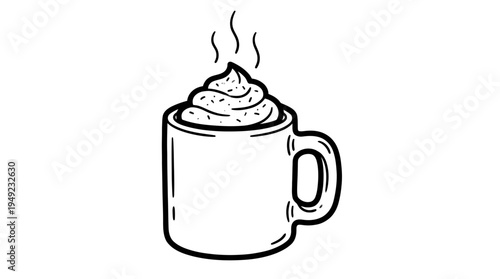 Hand drawn black and white illustration of coffee mug with whipped cream and sprinkles, ideal for cafe menu design, coloring book projects and winter holiday beverage advertising