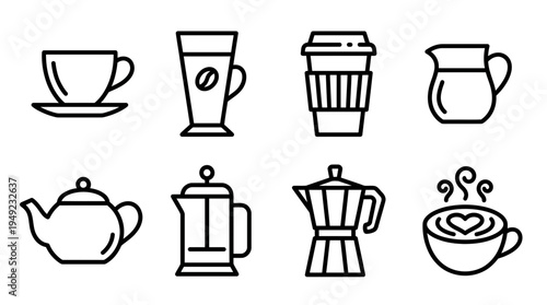 Set of minimalist black line art coffee and tea icons including cups, takeaway mug, teapot, french press and moka pot, ideal for cafe menu design, branding identity and website interface