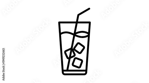 Minimalist line icon of a refreshing cold drink in a glass with ice cubes and a drinking straw on white background, ideal for beverage menu design, healthy blog and summer refreshment marketing