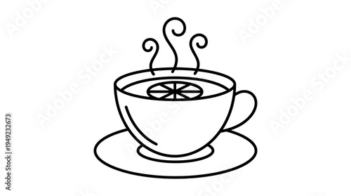 Minimalist black line art of a hot tea cup with a lemon slice and steam on a white background, ideal for cafe menu design, wellness blog graphics and beverage branding