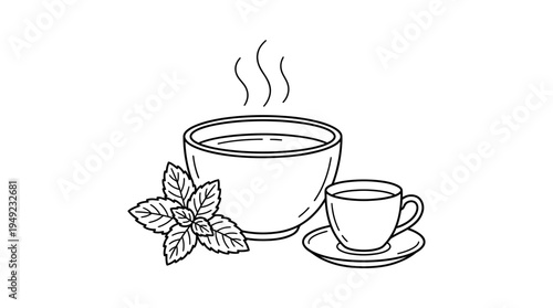 Minimalist black and white line art of steaming hot herbal tea in a large bowl and a small ceramic cup with fresh mint leaves, ideal for cafe menu design, wellness branding and healthy blogs