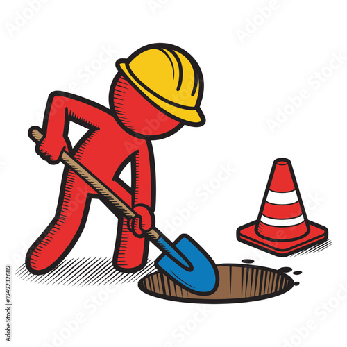 A cartoon red worker with a yellow hard hat digs a hole beside an orange traffic cone.