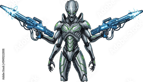 A futuristic alien warrior stands confidently with multiple limbs and advanced blue guns.