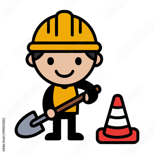 A cheerful cartoon construction worker in a yellow shirt stands with a shovel beside a safety cone.