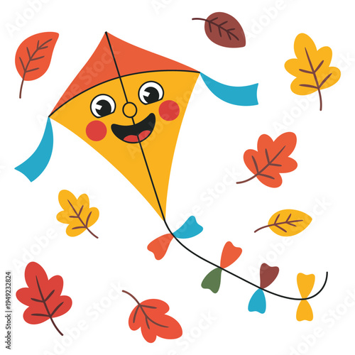 A charming yellow cartoon kite with a joyful expression happily flies amidst scattered autumn leaves.