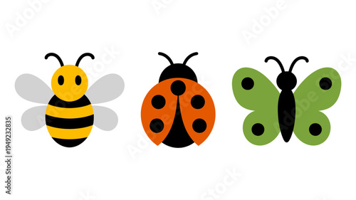 Three cute cartoon insects, a cheerful bee, a spotted ladybug, and a green butterfly, are shown together.
