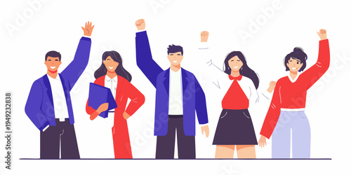 Diverse group of people celebrating success with arms raised high