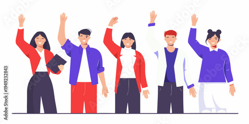 Diverse group of people raising hands in a celebratory gesture