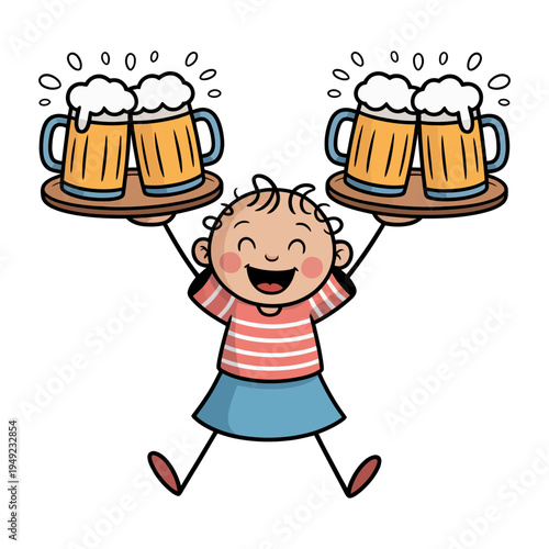 A happy cartoon character exuberantly holds up two trays, each with two mugs of foamy beer.