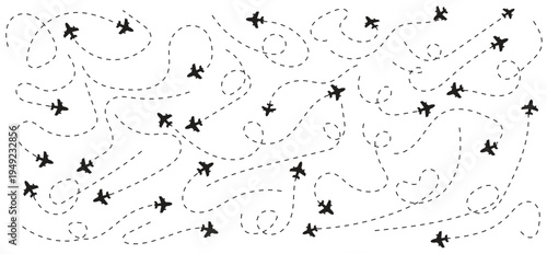 Airplane line path icon of air plane flight route dash line trace with start point. Journey Planning symbol. airplane flight route dotted line.