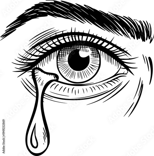 Black and white of a human eye shedding a single tear with detailed iris and lashes