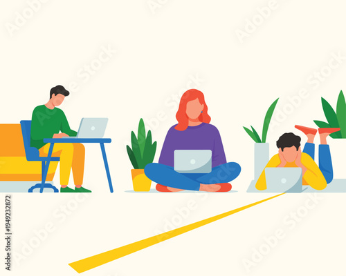 People working on laptops in a relaxed setting with plants