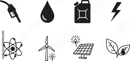 Energy icons set, fossil fuel, oil, electricity, nuclear, wind, solar, bioenergy, renewable power sources, sustainability, eco-friendly energy illustration