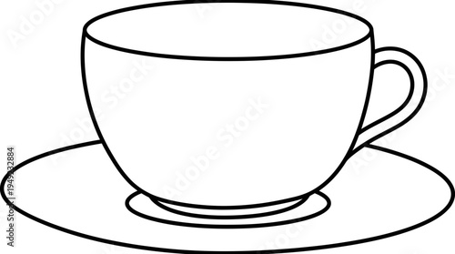 Simple black and white line art illustration of a ceramic coffee cup on a saucer isolated on white background, ideal for coloring book pages, restaurant logo design and educational worksheets
