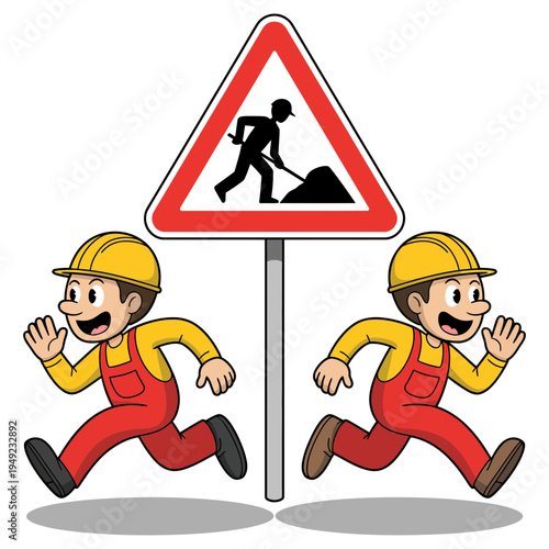 Two enthusiastic cartoon construction workers are shown running on both sides of a recognizable 'men at work' road sign.