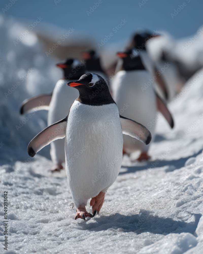 Obraz premium Adorable Gentoo Penguins Walking on Snow and Ice in Antarctica Featuring a Close Up Portrait of a Single Penguin with Red Beak Leading a Colony in Their Natural Wild Habitat During a Bright Day