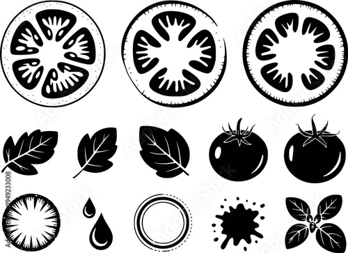 Collection of black and white tomato slices whole fruits leaves and drops white background