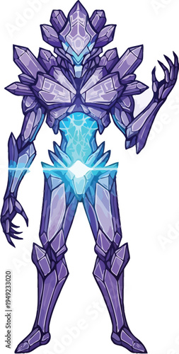 A futuristic purple robot with glowing blue energy standing in a powerful pose