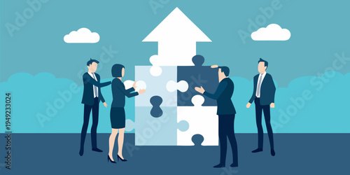 Business team collaboratively connecting puzzle pieces towards growth and success