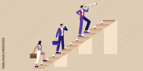 Business professionals ascending stairs one looking through a telescope