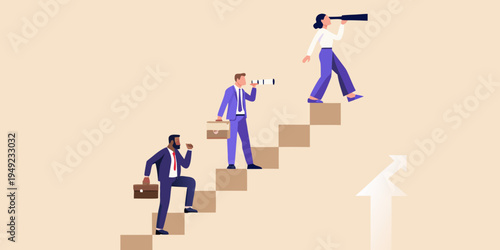 Businesspeople climbing stairs seeking opportunities and achieving career advancement