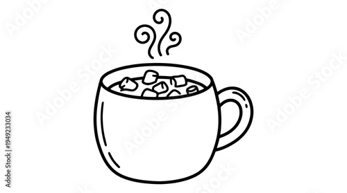 Minimalist line art illustration of a hot cocoa mug with tiny marshmallows and rising steam swirls, ideal for cozy winter greeting cards, cafe menu design and holiday social media posts
