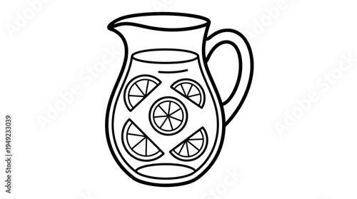 Minimalist black and white line art illustration of a glass pitcher filled with refreshing lemonade and citrus slices isolated on white, ideal for coloring books, kitchen decor and menus