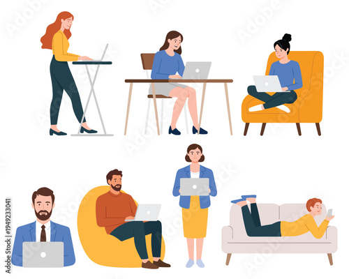 People working remotely on laptops in various settings and positions