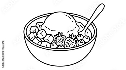 Minimalist black and white line art of a healthy fruit bowl with ice cream, strawberries, ideal for children's coloring books, cafe menu illustrations, digital clip art collections