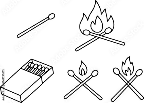 Simple Line of Matches and Fire White Background ignition burning