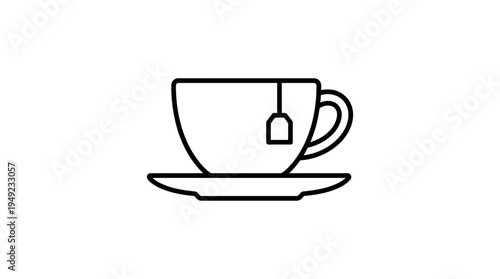 Minimalist black line icon of a hot teacup with a tea bag and saucer on a plain white background, ideal for cafe menu design, digital interface icons and healthy lifestyle branding