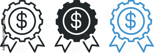 Three different colored dollar sign badges with ribbons