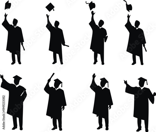 Graduation silhouettes set, students in caps and gowns, celebrating academic achievement, tossing hats, education success icons for ceremony, school, university, college