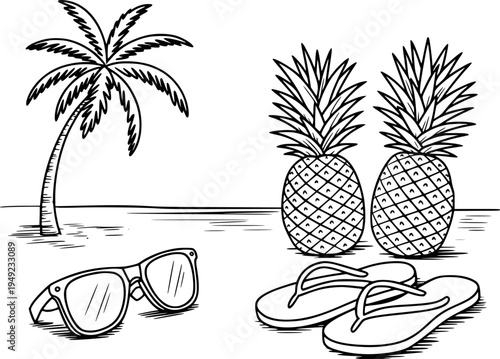 Hand drawn of tropical beach scene with palm tree pineapples sunglasses and flip flops