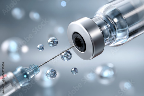 Nanorobots emerging from a medical syringe into a microscopic world, breakthrough treatment idea, sterile modern color palette, realistic futuristic healthcare aesthetic