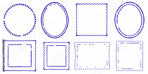 Collection of various blue rubber stamp shapes on a white background