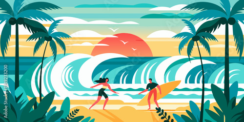 Tropical beach scene with surfers enjoying a vibrant sunset view