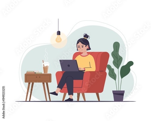 Woman sitting in red chair with laptop and coffee on side table indoors