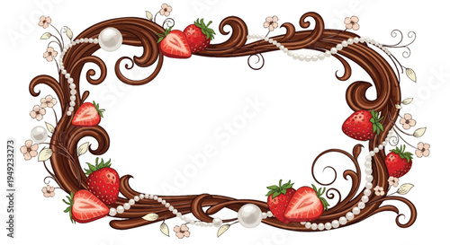 A beautiful chocolate frame adorned with strawberries and pearls on a white background
