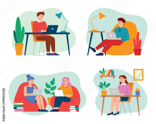 People working on laptops in various settings and positions