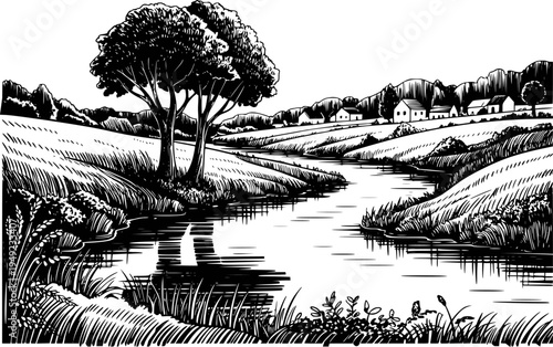 Black and white ink of a serene rural landscape with a winding river and distant farmhouses