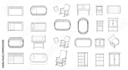 Baby Cribs and Nursery Furniture Top View Vector Set for Architectural Floor Plan Interior Design
