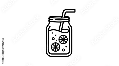 Minimalist black line art icon of a mason jar with citrus juice and straw on white background, ideal for cafe menu design, healthy lifestyle blog posts and summer beverage promotion