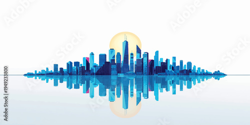 An abstract blue background with a flowing wave design features a 3d vector illustration of a city skyline silhouette with towering skyscrapers and architectural reflections