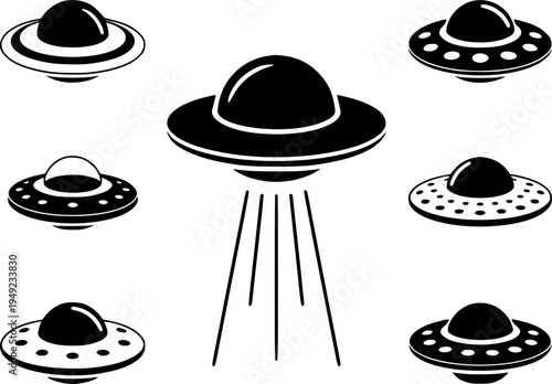 Collection of Black Flying Saucer U F O with Beam White Background alien spaceship